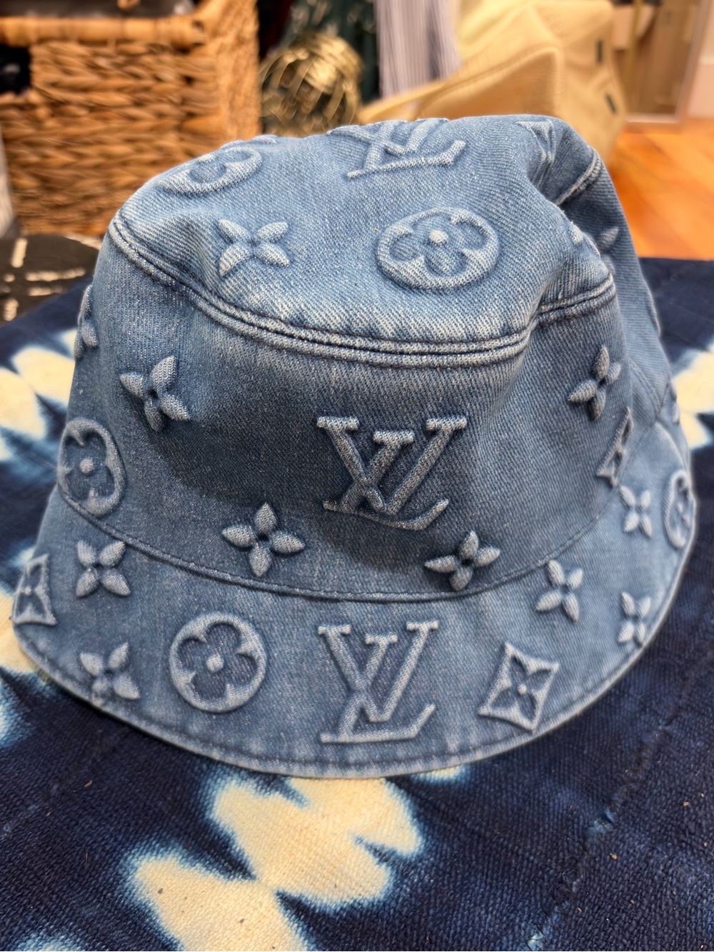 Denim Bucket Hat with Embossed Monogram